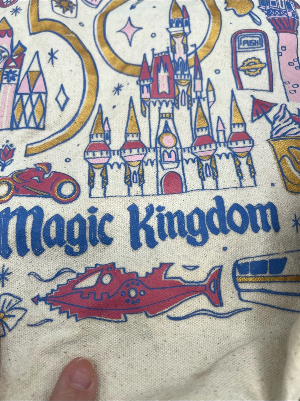 Starbucks Cream Magic Kingdom 50th Anniversary Tote with Pink and Blue Print
